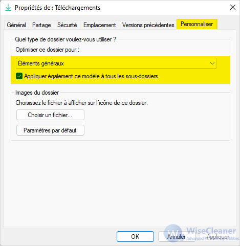 Propriétés de Téléchargements-Personnaliser