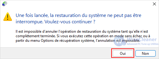 Une fois lancée, la restauration du système ne peut pas être interrompue. Voulez-vous continuer ?