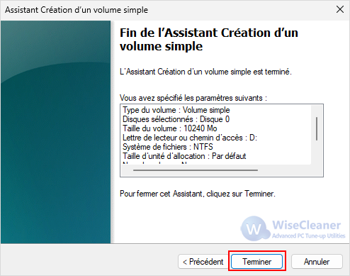 Assistant Création d’un volume simple