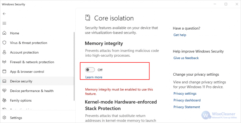 Toggle off Memory Integrity