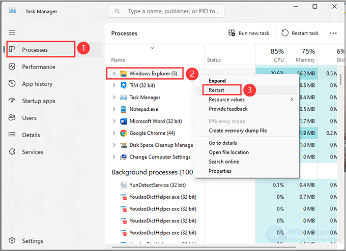 Locate the Processes tab, then right-click on it, and select Restart.