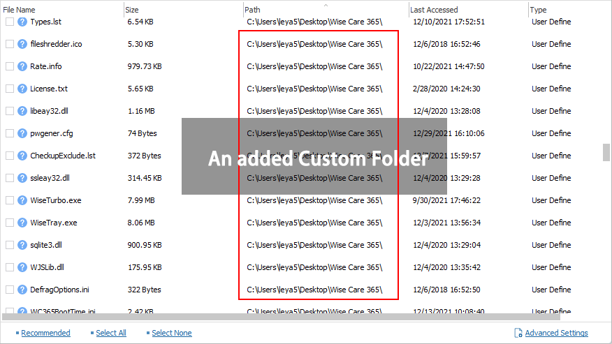 wise care 365 cleans custom folders