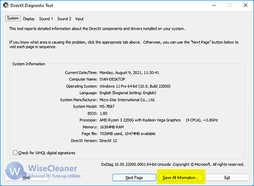 DirectX Diagnostic Tool window