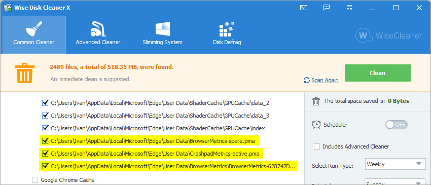Wise Disk Cleaner delete browser metrics files