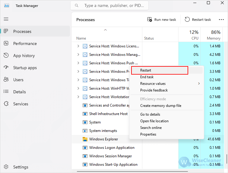 Restart File Explorer Using Task Manager