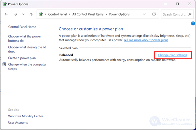 Click Change plan settings in Power Options window. 