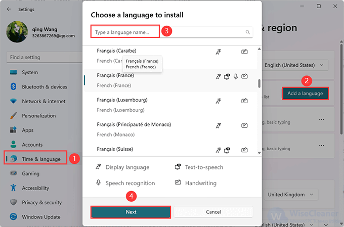 Select Time & language, then choose Language & region.