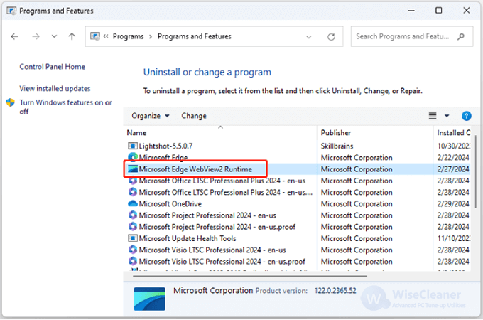 Navigate the Microsoft Edge WebView2 Runtime item, then right-click on it to select Uninstall. 